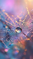 Wall Mural - Photo-realistic extreme close-up of a delicate spider web covered in glistening morning dew, with light reflections creating a stunning rainbow effect. 