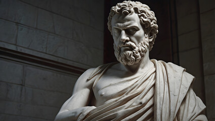  Marble Statue of a Stoic Philosopher in Classical Roman or Greek Robes, Expressing Wisdom and Contemplation. A Realistic Sculpture Featuring Detailed Facial Features, Symbolizing Ancient Philosophy .