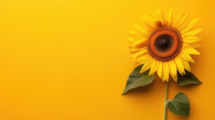 Wall Mural - Bright sunflower with green leaves against vibrant yellow background