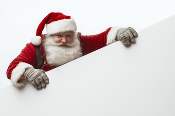 Wall Mural - Santa Claus peering over a white sign with his gloved hands,  wearing a red suit, white beard, and a traditional red hat with white trim, on a white background.