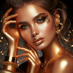 Beauty Fashion Model Girl With Golden Make Up Hair And Jewellery Gold Glowing Skin Metallic Glance Art Portrait Hairstyle Background 3