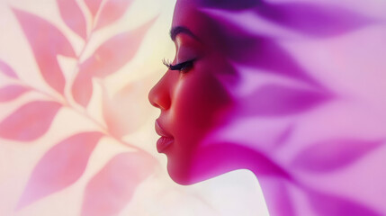 Wall Mural - Profile of a young woman with pink and purple light filtering over her face.