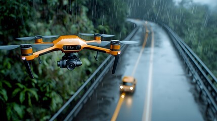 A drone flies through the rain over a forested road, determined to reach its destination despite the storm.