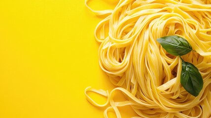 Wall Mural - Fresh pasta with basil leaves on vibrant yellow background