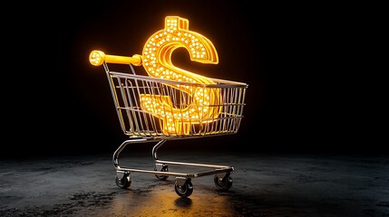 An illuminated dollar sign sits inside a shopping cart, glowing against a black background.