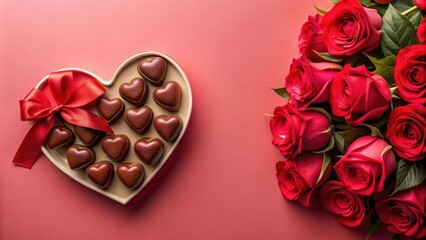 heart shaped chocolate valentine gift surrounded by red roses on pink background, heart, love, choco