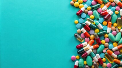 Poster - Colorful assortment of pills and capsules on teal background, medicine, healthcare, pharmaceuticals, vitamins