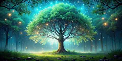 Mystic night forest tree with glowing leaves render seamless loop background , night, forest, tree, glowing, leaves