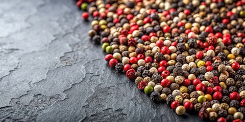 Poster - Multicolored peppercorns displayed on a stone gray background, spice, cooking, seasoning, gourmet, culinary, herbs