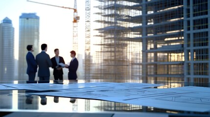 Wall Mural - Generate a photo realistic image of the change management process for a construction project, with change management forms, process flowcharts, team discussion, and construction site 