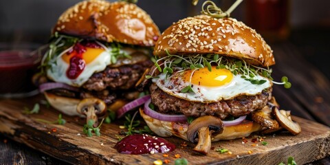 close-up view of two homemade beef patties garnished with mushrooms, microgreens, red onion, fried e