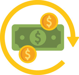 Sticker - Flat icon illustrating the concept of money turnover with a banknote and coins inside a circular arrow