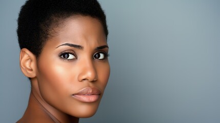 Poster - Close-up portrait of a young woman with short black hair, looking away, with a thoughtful expression.