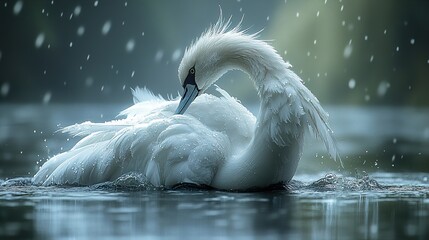 Wall Mural - Elegant Swan Preening in Water Drops