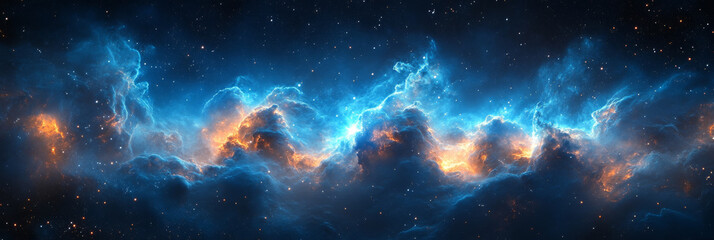 A nebula in space with blue and orange colors.