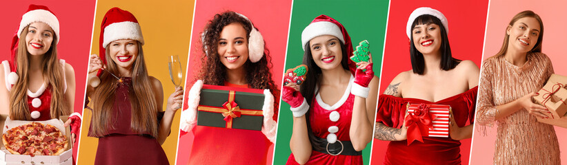 Sticker - Collage with beautiful women celebrating Christmas and New Year on color background