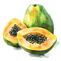 Watercolor Painting of a Sliced Papaya with Seeds