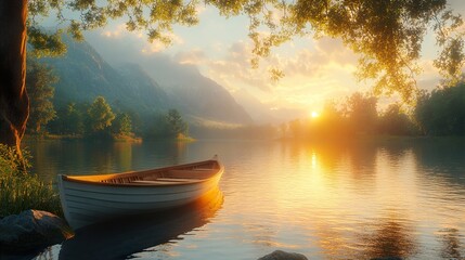 Poster - Serene Sunset Landscape With Boat On Lake