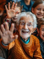 Poster - An elderly man smiles and waves to the camera, surrounded by children. AI.