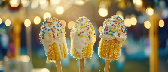 Sticker - Sweet corn on a stick drizzled with white chocolate and topped with colorful sprinkles. AI.