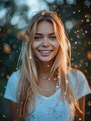 Canvas Print - A woman smiles as confetti falls around her. AI.