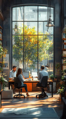 Poster - Three colleagues work together at a desk by a large window.