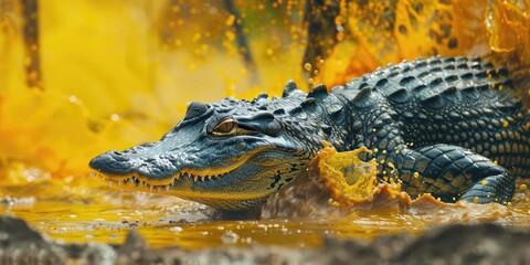 Wall Mural - Close-up of a crocodile entering the water amid muddy surroundings and lush vegetation.