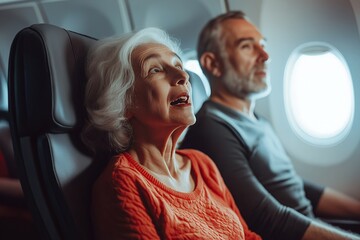 Senior woman in red sweater, surprised, while sitting on airplane with man beside her.