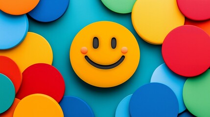 Poster - A smiling yellow face surrounded by colorful circles, representing joy and positivity.