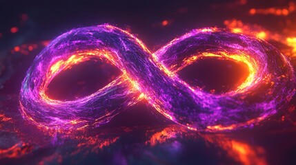 Wall Mural - A glowing, neon purple and orange infinity symbol is floating in a dark blue water. The image has a futuristic, otherworldly feel to it