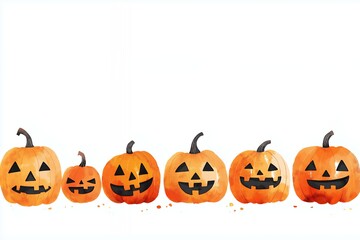 Wall Mural - A row of six smiling jack-o'-lantern pumpkins on a white background.