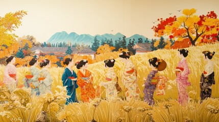 Japanese Geishas in a Golden Field