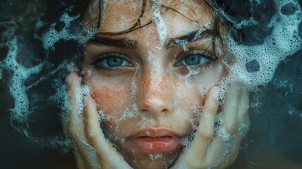 Wall Mural - Close-Up Portrait of a Woman's Face with Water Bubbles