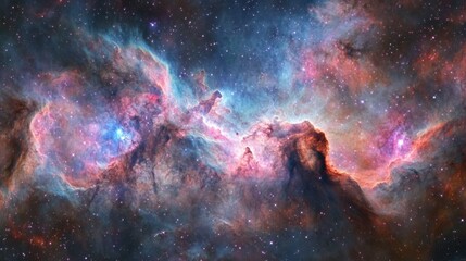 Wall Mural - A colorful nebula in deep space, with swirling clouds of pink, blue, and purple set against a starry background.