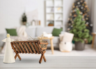 Blurred view of stylish living room with Christmas trees