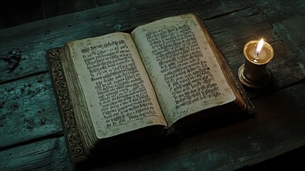 A fragment of an ancient church book resting on a wooden table, illuminated by soft candlelight. The book, bound in leather, lies open to a page of handwritten text in Church Slavonic, 