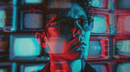 Intense Portrait of Pensive Man with Glowing Digital Displays