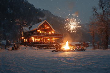 A cozy mountain cabin glowing warmly in the snow, surrounded by a bonfire and fireworks under a starry sky with gentle snowfall. Magical winter ambiance.
