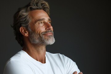 Sticker - Close-up portrait of a handsome middle-aged man with a white beard, smiling and looking away.