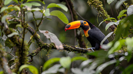 Vibrant toucan with a large beak perched in lush green tropical tree setting.