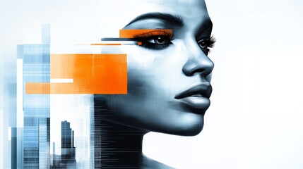 Poster - Abstract portrait with an orange and blue color scheme, a close up of a woman's face with her eye and eyebrow in focus.