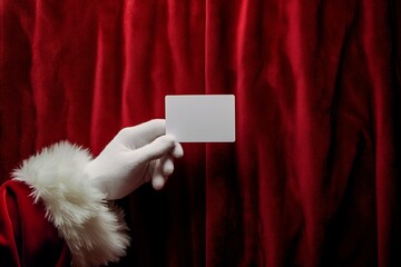 Santa Claus hand in a white glove holding blank white card in front of red velvet curtain.