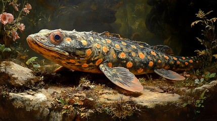 Poster - Detailed Painting of a Spotted Fish in a Watery Environment