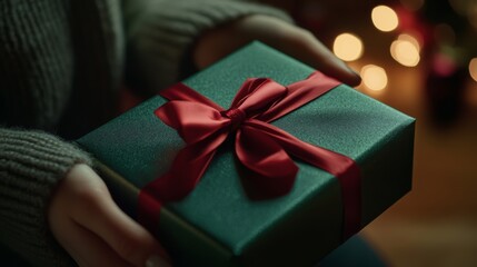 A person carefully wrapping a green Christmas gift with a red ribbon in a cozy holiday setting with soft lights