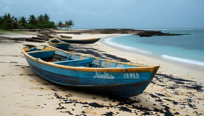 Wall Mural - Rustic fishing boat resting on the sandy shores of Cabo Verde under a clear blue sky