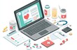 © kkkiim graphic - an online medical consultation displayed on a laptop screen, surrounded by healthcare items like pills and documents.