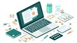 © kkkiim graphic - an online medical consultation displayed on a laptop screen, surrounded by healthcare items like pills and documents.