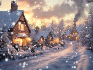 Sticker - A charming snowy village at dusk with cozy cottages glowing warmly in the fading light of winter