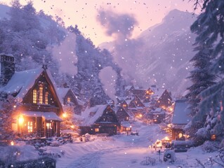 Wall Mural - A peaceful snowy village at dusk with cozy cottages glowing warmly and smoke rising from chimneys beneath gently falling snowflakes