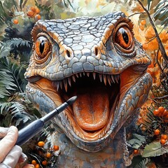 Canvas Print - Realistic Velociraptor Painting Closeup -  Intense Predator Portrait